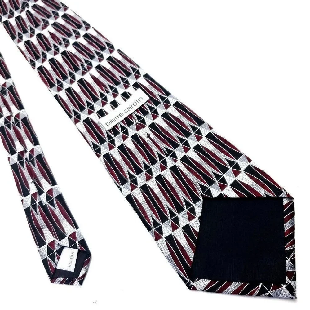 Pierre Cardin Red Gray Silk Tie Woven Short Wide Geometric‎